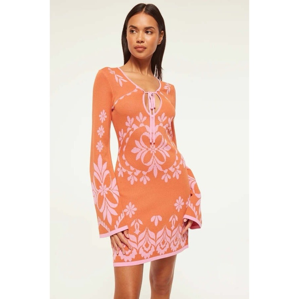 Misa Los Angeles Small Sahar‎ Pink Floral Mini Dress Bell Sleeves Tie Front